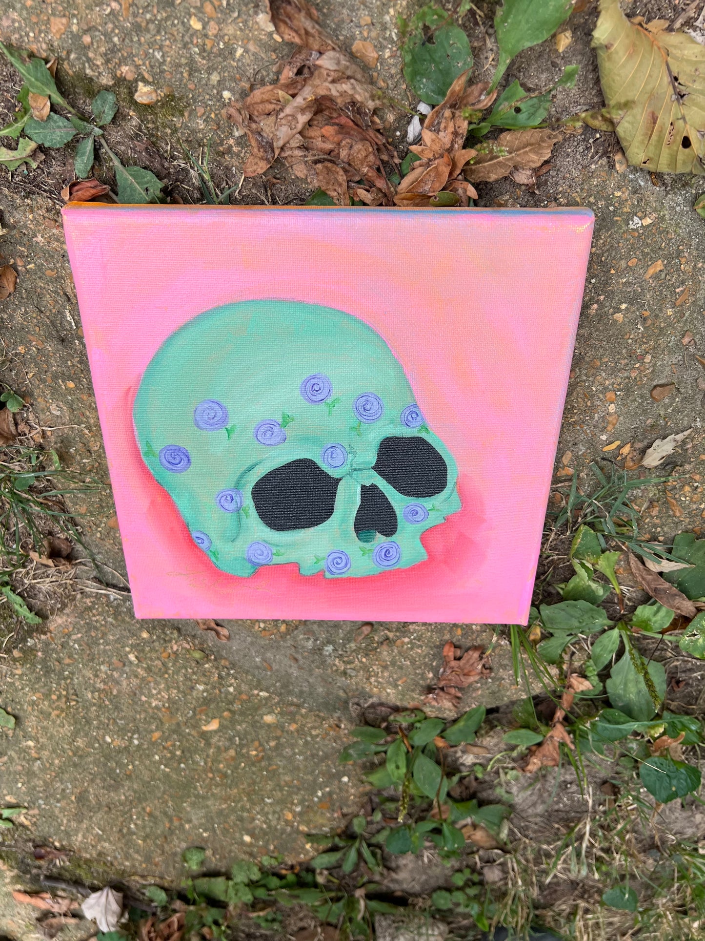 Green Skull with Purple Flowers