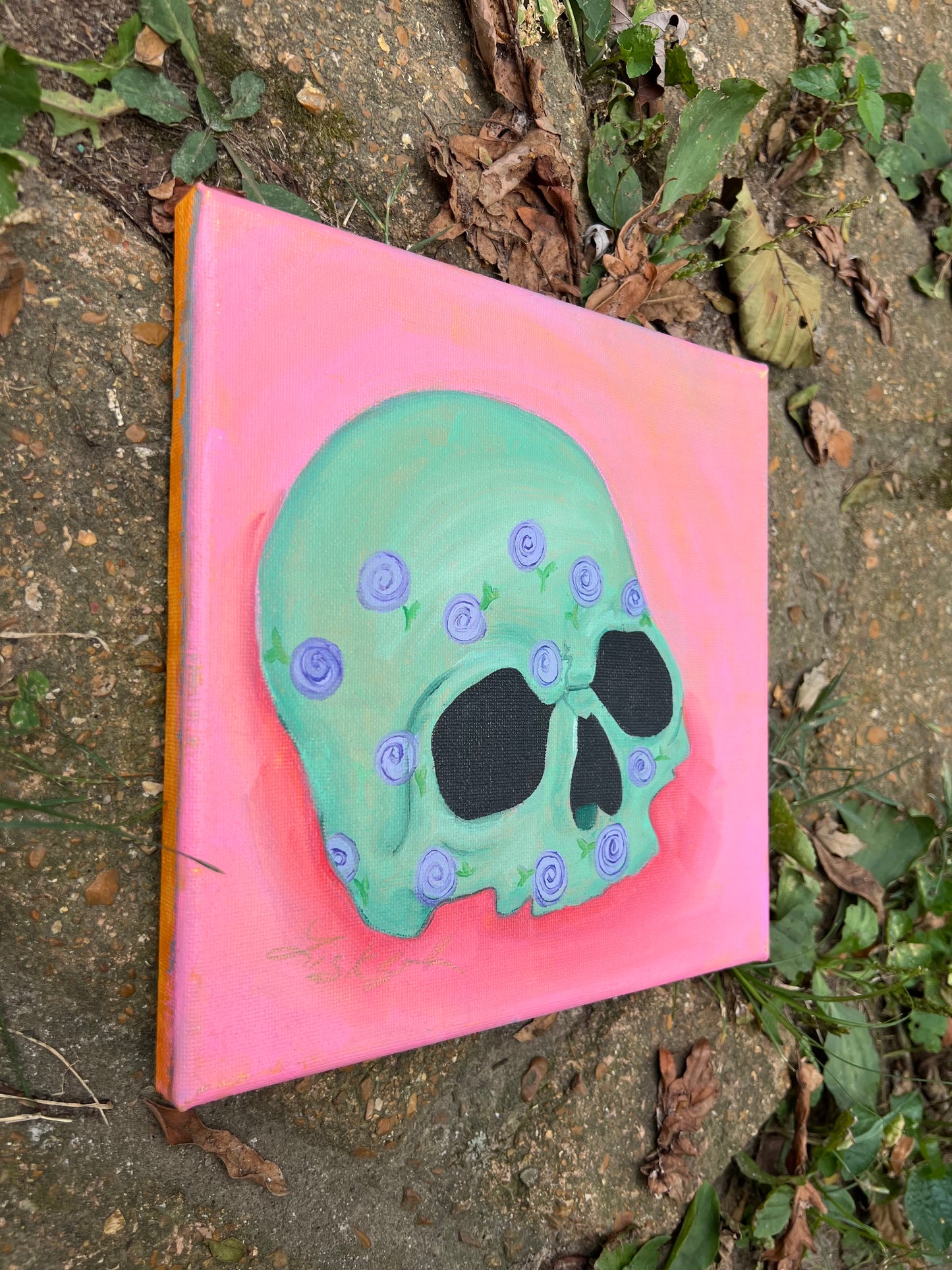 Green Skull with Purple Flowers
