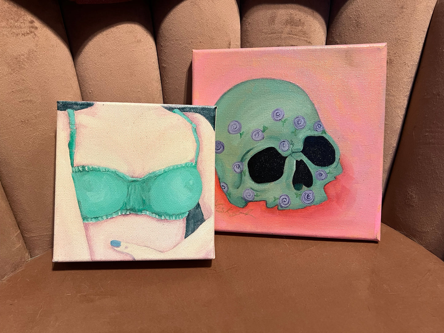 Green Skull with Purple Flowers