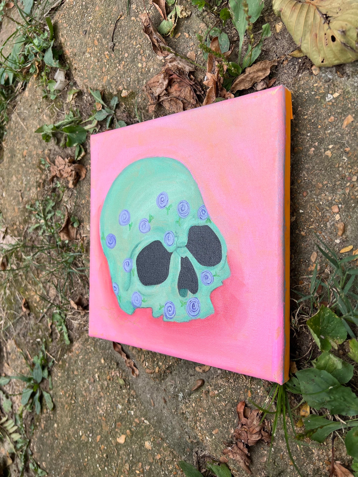 Green Skull with Purple Flowers