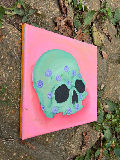 Green Skull with Purple Flowers