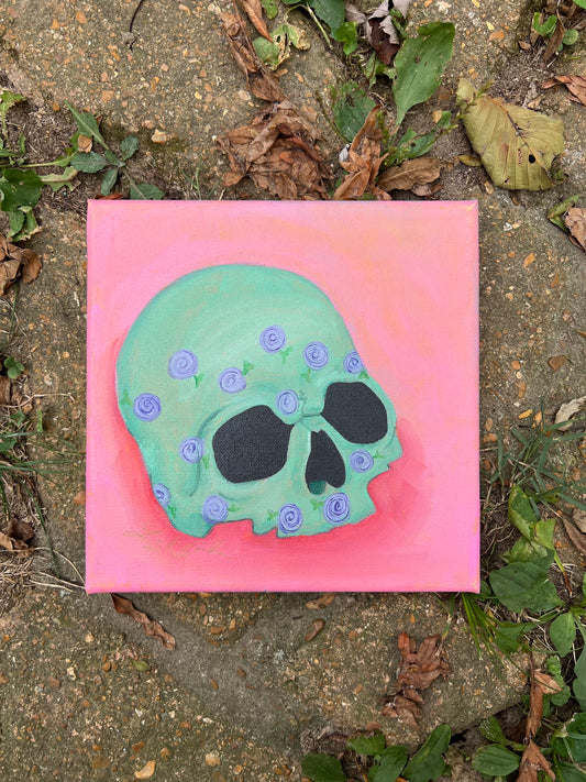 Green Skull with Purple Flowers