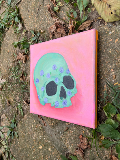 Green Skull with Purple Flowers